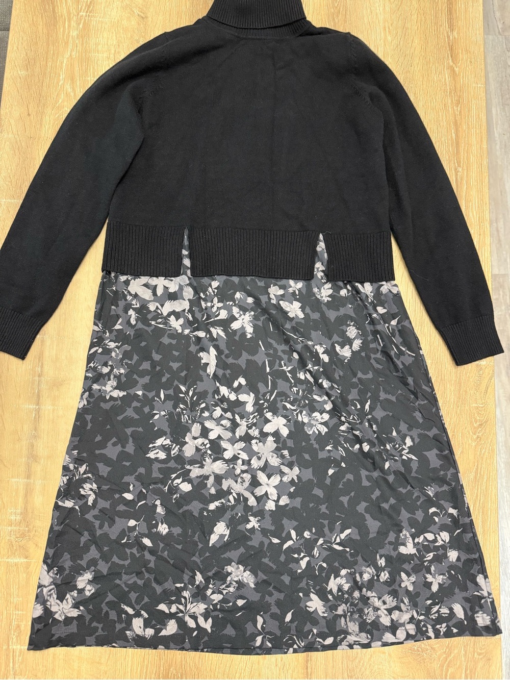Black Turtleneck Sweater Dress with Floral Skirt
